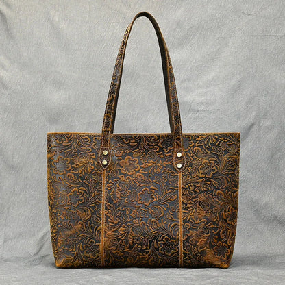 Vintage Floral Embossed Leather Tote