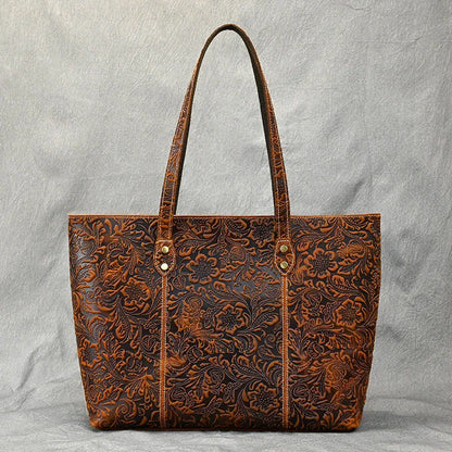 Vintage Floral Embossed Leather Tote