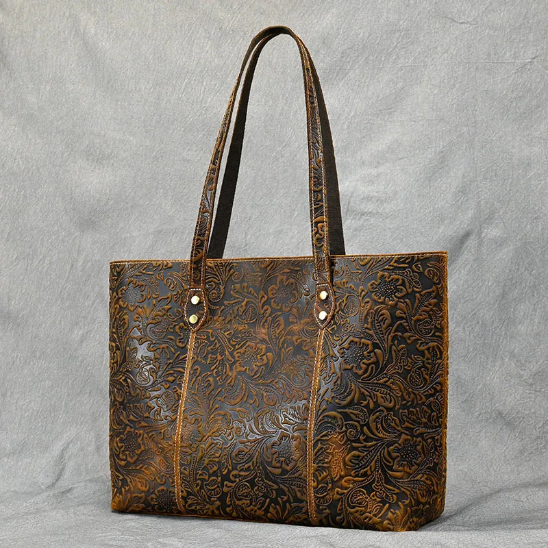 Vintage Floral Embossed Leather Tote
