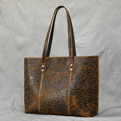 Vintage Floral Embossed Leather Tote