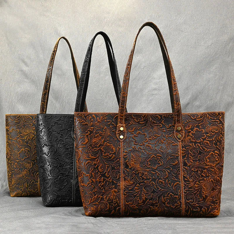Vintage Floral Embossed Leather Tote