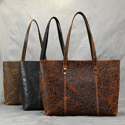 Vintage Floral Embossed Leather Tote